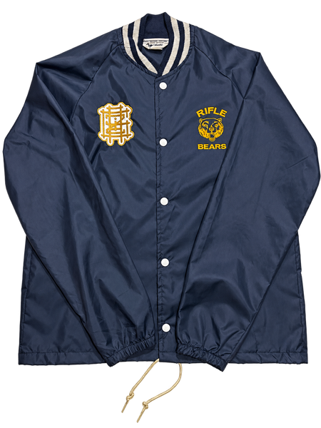 Front of navy Griz Riffle Bears lightweight bomber with white and gold embroidery