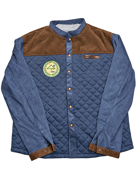 OTT Blue Button Up with quilted blue body and brown shoulder panels