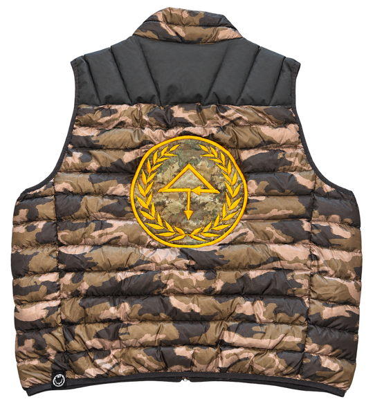 OTT Camo Puffer Vest back with large embroidered emblem using recycled hammock fabric