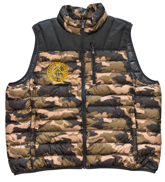 OTT Camo Puffer Vest size 2XL front with yellow embroidered emblem