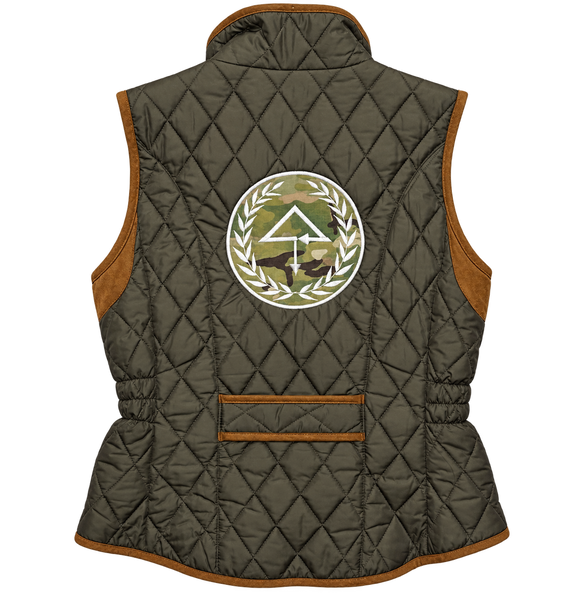 Back of OTT Olive Puffer in Small with diamond quilting and camouflage OTT embroidery