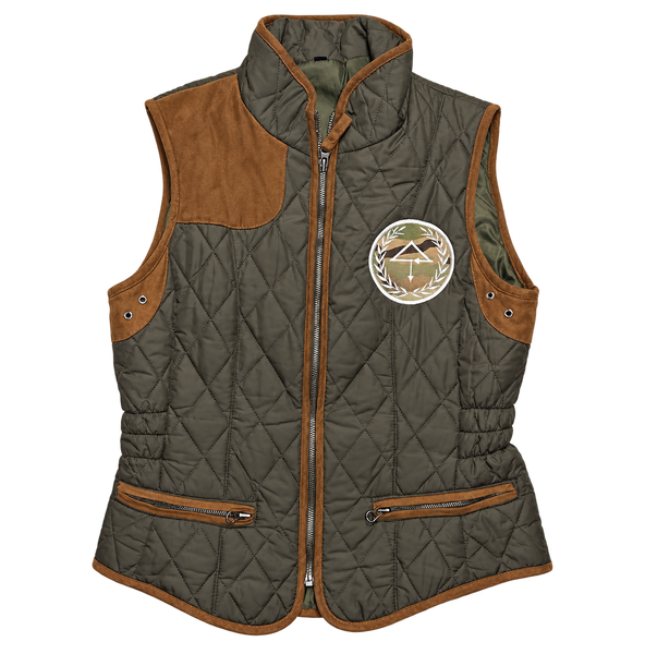 Front of OTT Olive Puffer in Small with diamond quilting, brown trim and camouflage OTT embroidery