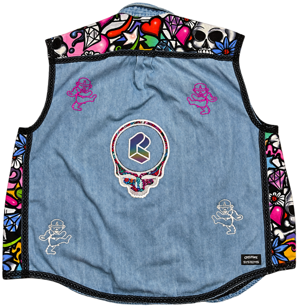 Back of Pretty Grateful Jean Vest with skull and reflective PL logo