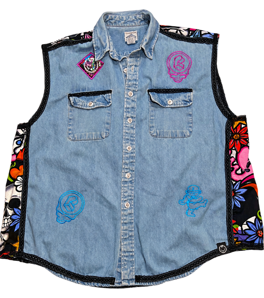 Front of Pretty Grateful Jean Vest with colorful panels and embroidery