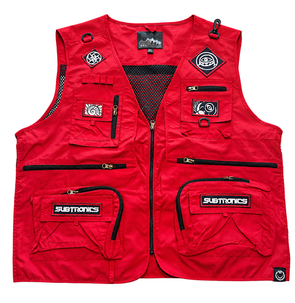Red Subtronics Fibonacci Tactical Vest front with utility pockets and embroidered patches