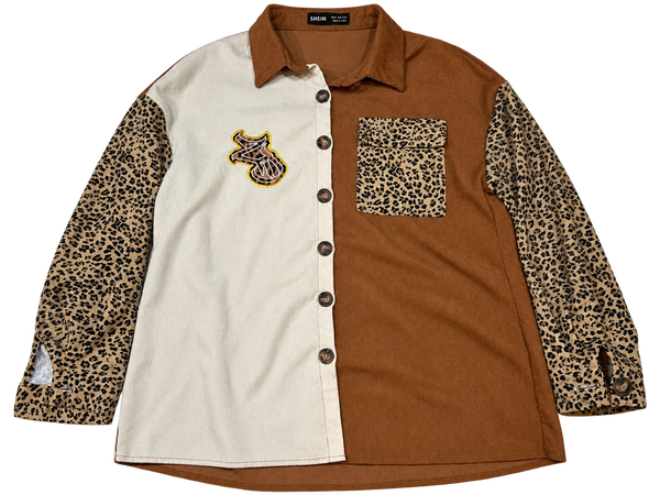 ZD Cord Button Up front with cream and brown corduroy panels, leopard sleeves and ZD chest patch