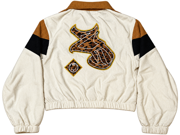 ZD Cord Crop Jacket back with large leopard print ZD applique and diamond patch