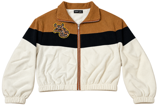 ZD Cord Crop Jacket front in cream, black and caramel with leopard print chest patch